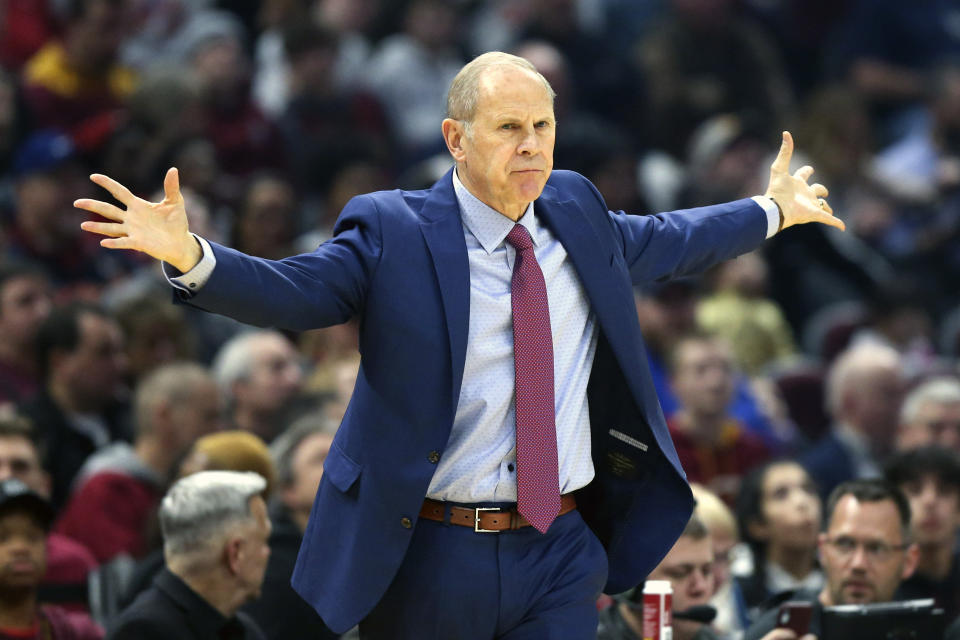Cleveland Cavaliers head coach John Beilein reacts to a call against the Chicago Bulls in the first half of an NBA basketball game, Saturday, Jan. 25, 2020, in Cleveland. The Bulls defeated the Cavaliers 118-106. (AP Photo/Ron Schwane)