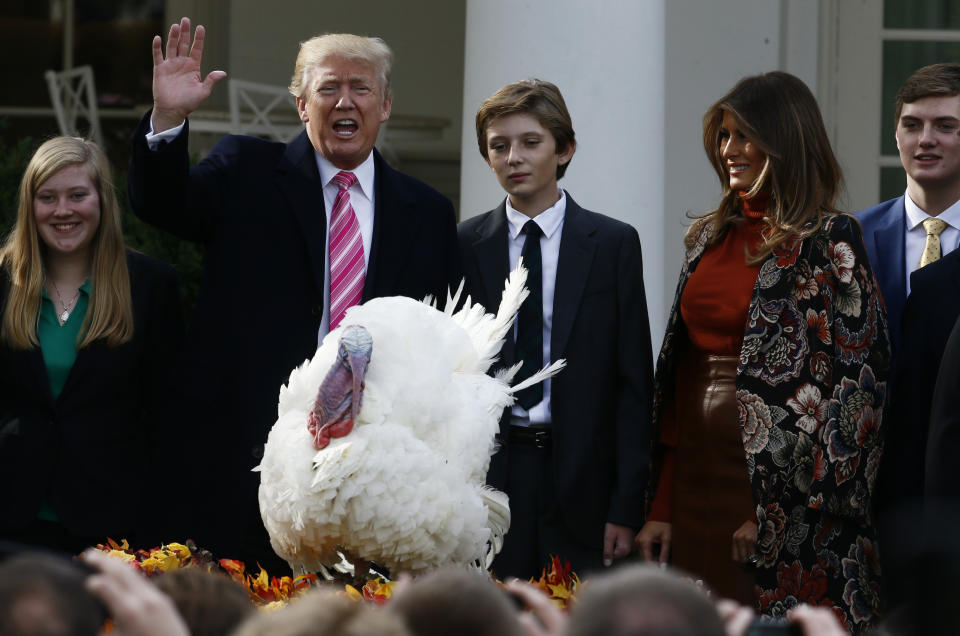 President Donald Trump participates in the 70th National Thanksgiving turkey pardoning ceremony as son Barron and first lady Melania Trump look on in the Rose Garden of the White House in Washington, D.C., Nov. 21, 2017. (Photo: Jim Bourg/Reuters)