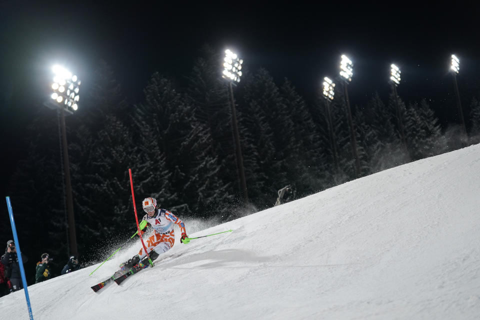 Slovakia's Petra Vlhova speeds down the course during an alpine ski, women's World Cup slalom in Flachau, Austria, Tuesday, Jan.10, 2023. (AP Photo/Giovanni Auletta)