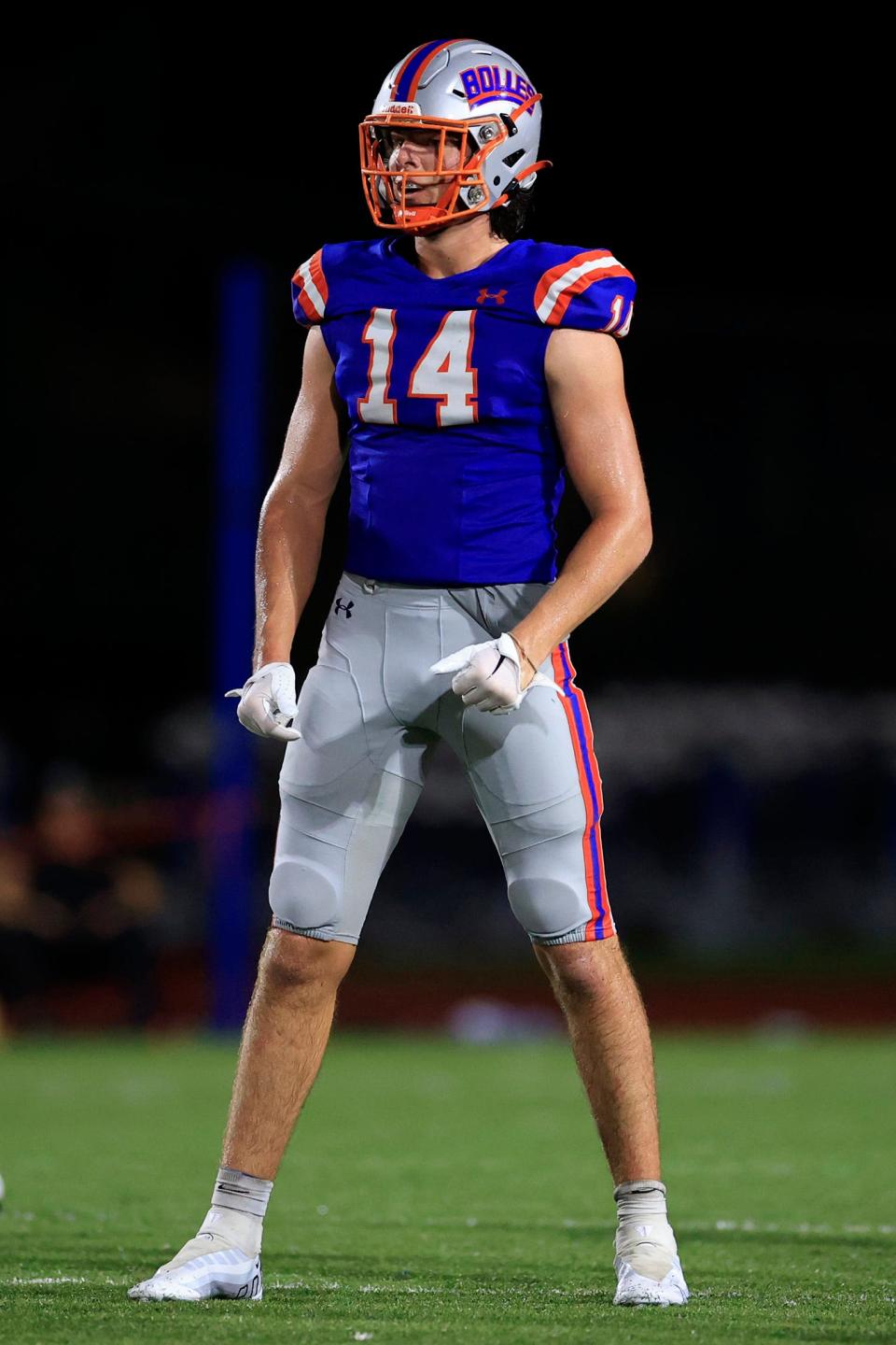 Bolles Bulldogs' Connor Cox (14) looks on between plays during the fourth quarter of a regular season football game Friday, Sept. 2, 2022 at The Bolles School in Jacksonville. The Bolles Bulldogs defeated the Mandarin Mustangs 27-20. 