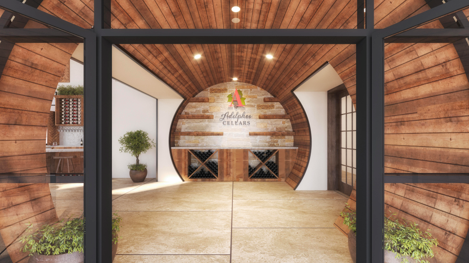 The entryway of Adelphos Cellars' upcoming Lubbock venue will be fashioned after a barrel, as seen in this rendering by Seventeen Services LLC.