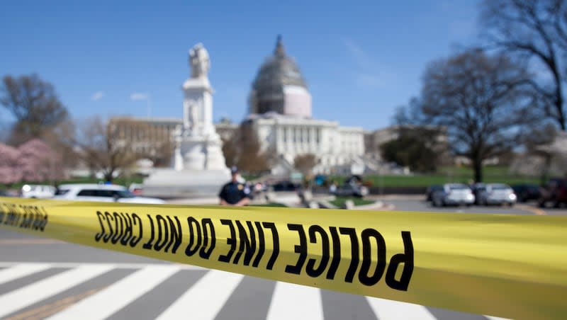The north front of the U.S. Capitol is closed and a parameter created with police tape, Saturday, April 11, 2015, in Washington.