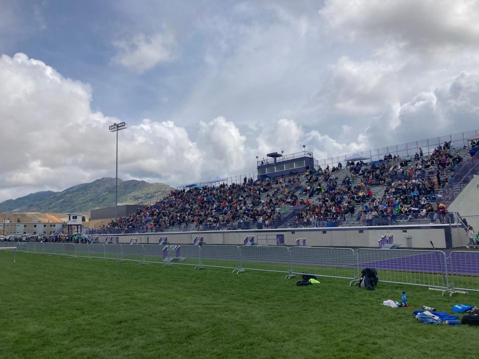 The grandstands at Bulldog Memorial Stadium in Butte at the Class AA track and field meet Saturday.