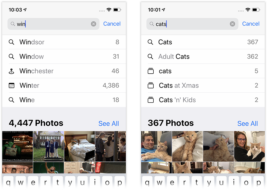 In photos, you can search for photos by people, places, things, or times.