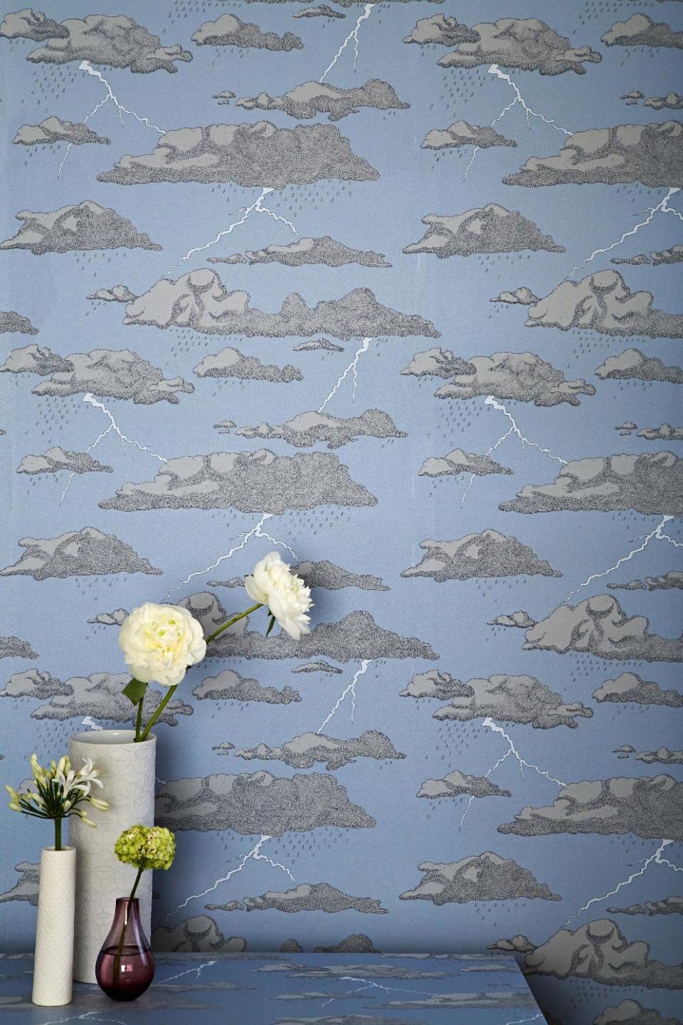 In this publicity photo provided by abigailedwards.com, the designer Abigail Edwards evokes nature in startling and interesting ways in her wallpaper, "Storm Clouds." Its available in grey or blue and features metallic lightning bolts. (AP Photo/abigailedwards.com, Alun Callender)