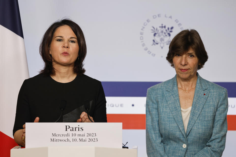 French Foreign Minister Catherine Colonna, right, and Germany's Foreign Minister, Annalena Baerbock attend a press conference after the weekly cabinet meeting at the Elysee Palace in Paris, Wednesday May 10, 2023. With China's top diplomat touring Europe this week, Annalena Baerbock and Catherine Colonna called on China to use its global clout to push for peace in Ukraine. (Ludovic Marin, Pool via AP)
