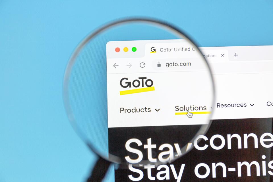 Ostersund, Sweden - April 13 2023: GoTo website. GoTo is a flexible-work provider of software as a service (SaaS) and cloud-based remote work tools.