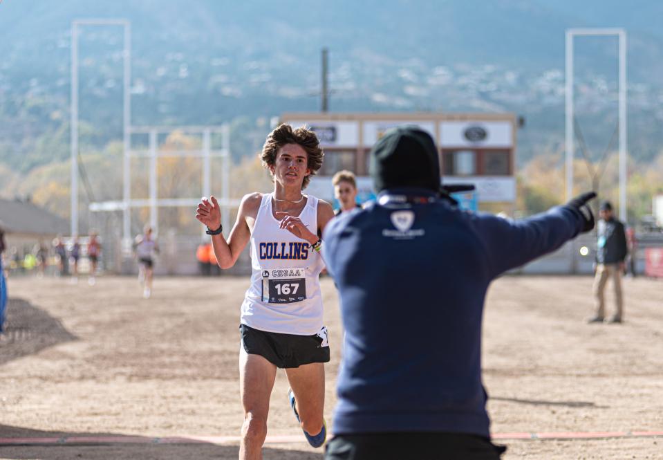 Fort Collins' Cadel Ruthven crosses the finish line during the Colorado 5A boys state championship at Norris Penrose Event Center in Colorado Springs, Colo. on Saturday, Oct. 28, 2023.