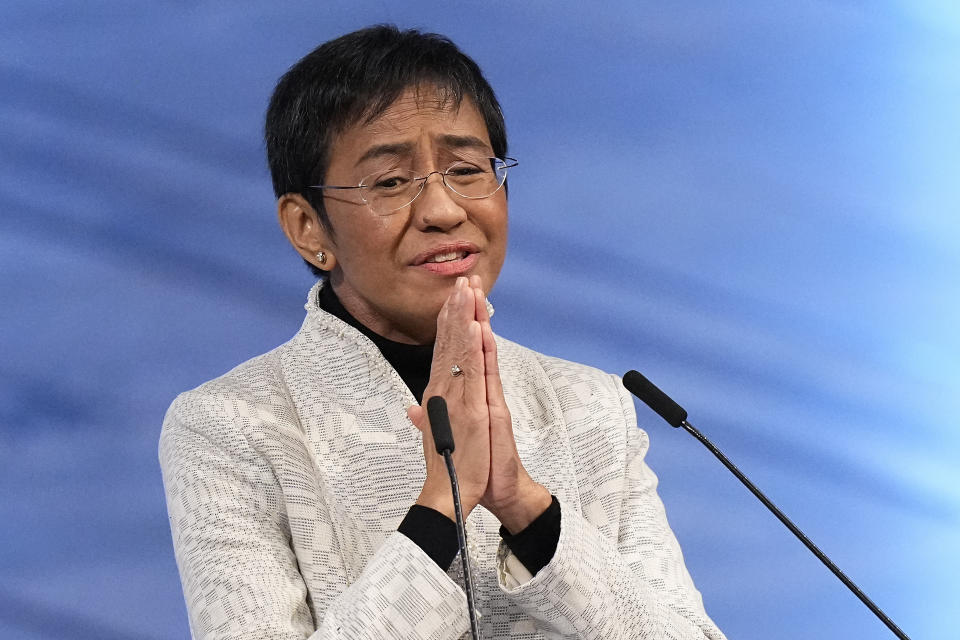 FILE - Nobel Peace Prize winner Maria Ressa of the Philippines gestures as she speaks during the Nobel Peace Prize ceremony at Oslo City Hall, Norway on Dec. 10, 2021. A Philippine tax court on Wednesday, Jan. 18, 2023 cleared Ressa and her online news company of tax evasion charges she said were part of a slew of legal cases used by former President Rodrigo Duterte to muzzle critical reporting. (AP Photo/Alexander Zemlianichenko, File)