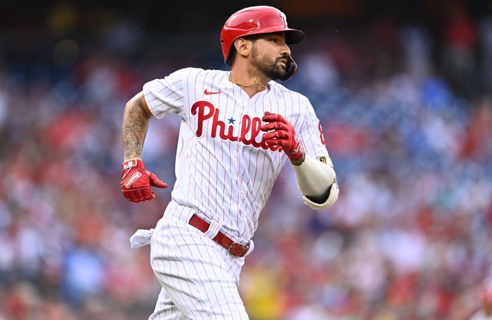 Aug 6, 2022; Philadelphia, Pennsylvania, USA; Philadelphia Phillies outfielder Nick Castellanos (8) runs to first base after hitting a single against the Washington Nationals in the first inning at Citizens Bank Park. Mandatory Credit: Kyle Ross-USA TODAY Sports