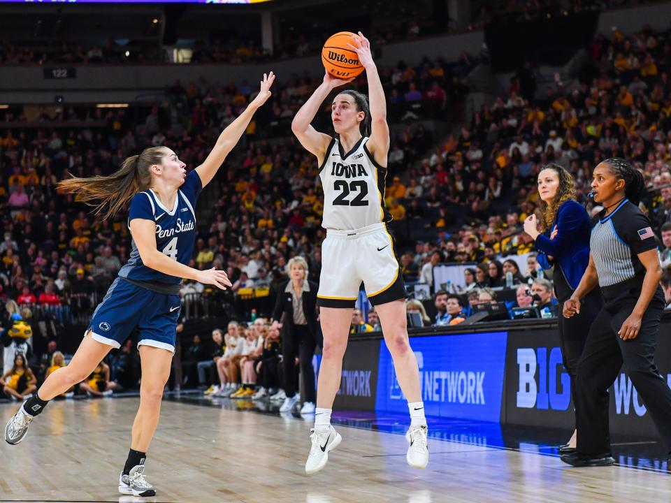 Caitlin Clark shoots during the quarterfinal of the Big Ten Women's Basketball Tournament against Penn State in March 2024.