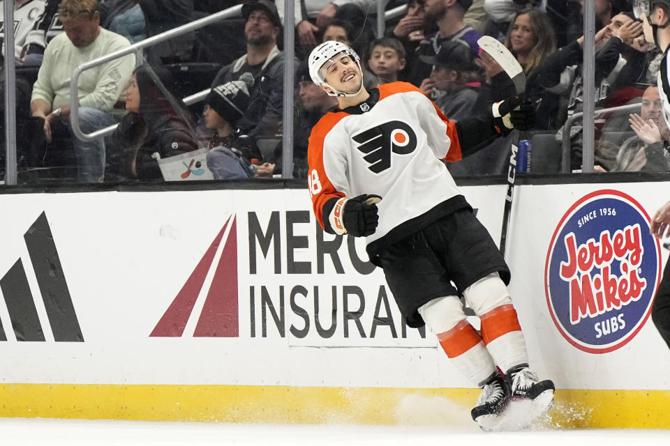 Philadelphia Flyers center Morgan Frost celebrates his goal during the second period of an NHL hockey game against the Los Angeles Kings Saturday, Nov. 11, 2023, in Los Angeles. (AP Photo/Mark J. Terrill)