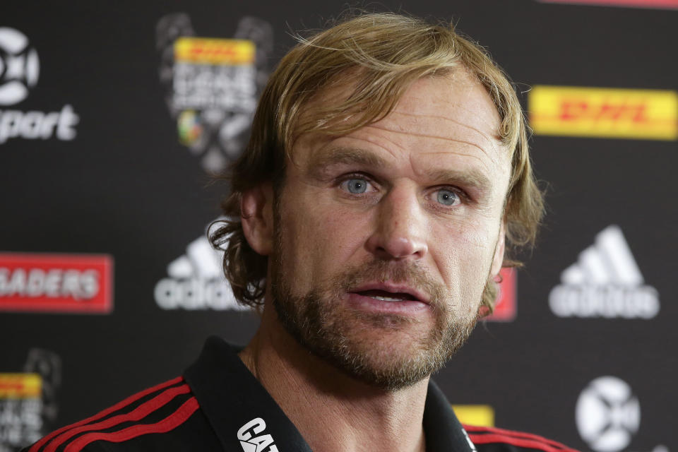 FILE - Canterbury Crusaders coach Scott Robertson announces his team to play the British and Irish Lions at a press conference in Christchurch, New Zealand, June 8, 2017. Robertson has been appointed as the next All Blacks coach for four years from 2024 through to the end of the 2027 Rugby World Cup and will succeed current All Blacks Head Coach Ian Foster. (AP Photo/Mark Baker, File)