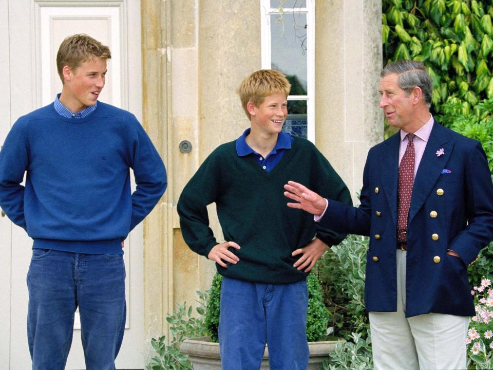 Prince William, Prince Harry, and Prince Charles at Highgrove in 1999.