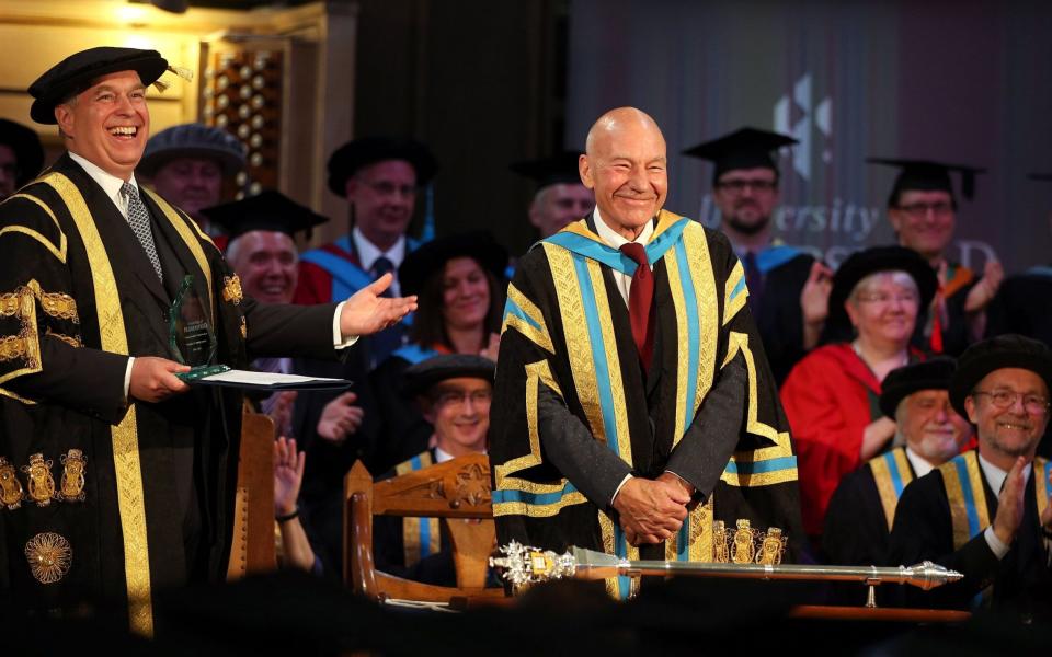 The Duke of York and Sir Patrick Stewart during the installation of the Duke as the new chancellor of the university in West Yorkshire in 2015 - Lynne Cameron/PA
