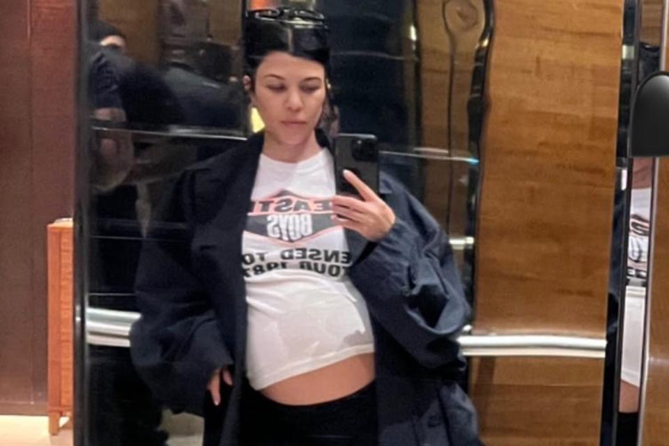 <p>Kourtney Kardashian Instagram</p> Kourtney Kardashian showed off her growing bump in a lift selfie