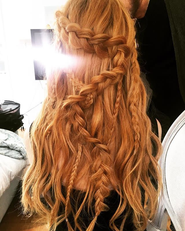 <p>Actress Katherine McNamara wore this intricate, multi-waterfall braid style to the premiere of <em>The Jungle Book</em>. </p>