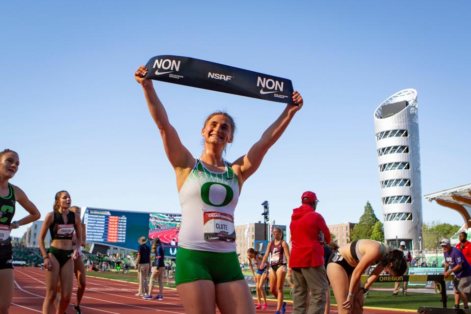 Oregon’s Katie Clute celebrates a win in the U20 3,000 meter steeplechase during the Nike Outdoor Nationals & USATF U20 Championships Wednesday, June 12, 2024 at Hayward Field in Eugene, Ore.