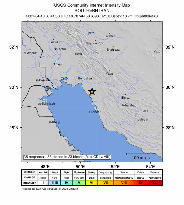 伊朗布什爾核電廠附近發生5.9強震 廠區未通報災損（擷取自USGS）