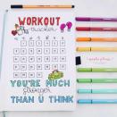 <p>If you're dedicating yourself to a new fitness plan, stay on track with this workout page from Masha Plans. <a href="https://mashaplans.com/self-care-bullet-journal-page-ideas/" rel="nofollow noopener" target="_blank" data-ylk="slk:Self-care pages;elm:context_link;itc:0;sec:content-canvas" class="link ">Self-care pages</a> like this one can help you stay committed to your goals, since filling them in adds extra motivation to stick to it. </p>