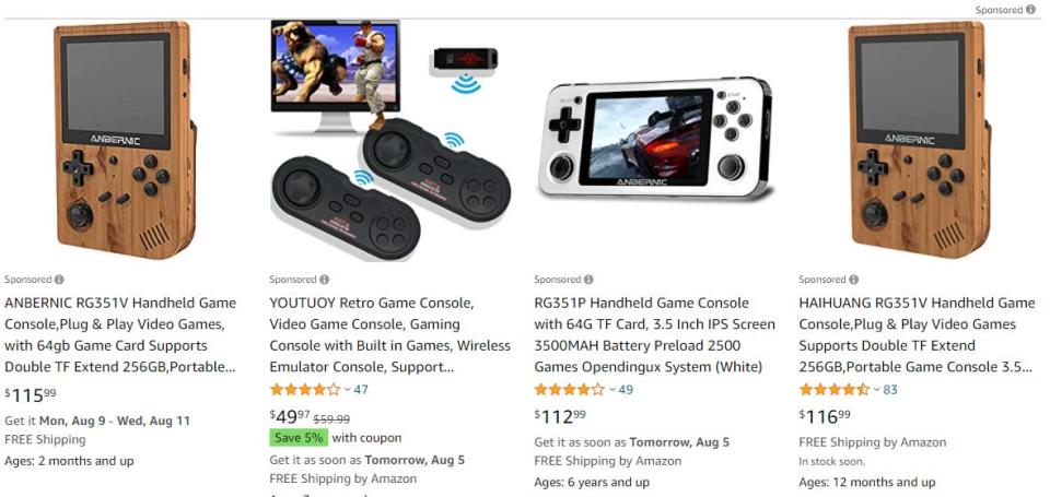 Anbernic game handhelds and other knockoff devices featured by Amazon's search results as sponsored listings.