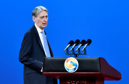 British Chancellor of the Exchequer Philip Hammond delivers a speech on Plenary Session of High-Level Dialogue, at the Belt and Road Forum in Beijing, China May 14, 2017. REUTERS/Kenzaburo Fukuhara/Pool