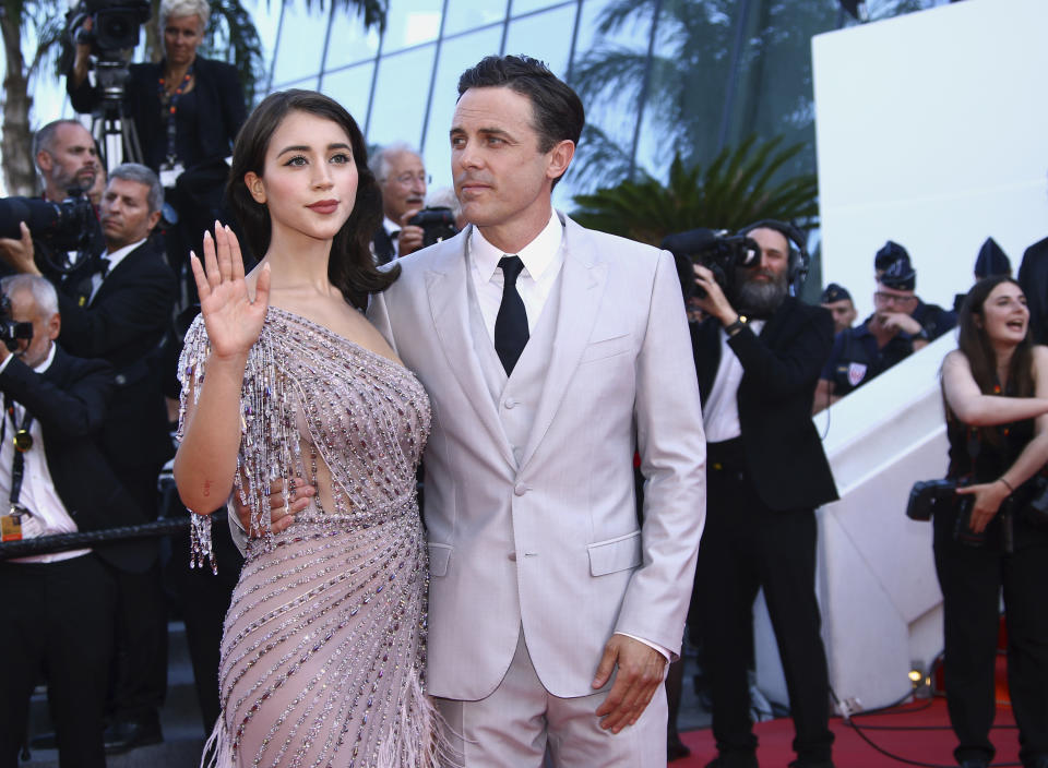 Caylee Cowan, left, and Casey Affleck pose for photographers upon arrival at the premiere of the film 'Elvis' at the 75th international film festival, Cannes, southern France, Wednesday, May 25, 2022. (Photo by Joel C Ryan/Invision/AP)