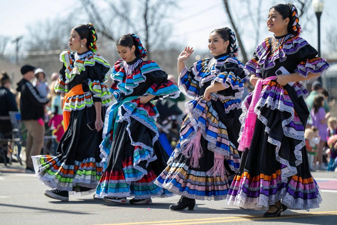 Dancers from Grupo Folklorico Izcalli, a Hispanic dance troupe, strolled Johnson Drive as people gathered to watch the 38th annual Shawnee St. Patrick’s Day Parade on Sunday, March 10, 2024.