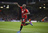 <p>AFC Bournemouth’s Benik Afobe celebrates scoring his side’s second goal against Swansea City during the English Premier League soccer match at the Vitality Stadium, </p>