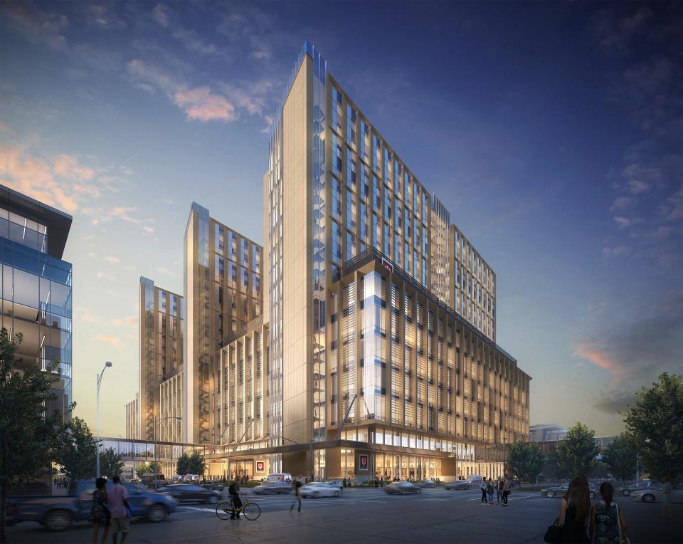 Rendering of IU Health's new downtown Indianapolis hospital to be built at the southwest corner of 16th and Capitol. The view is from the middle of that intersection, looking southwest.