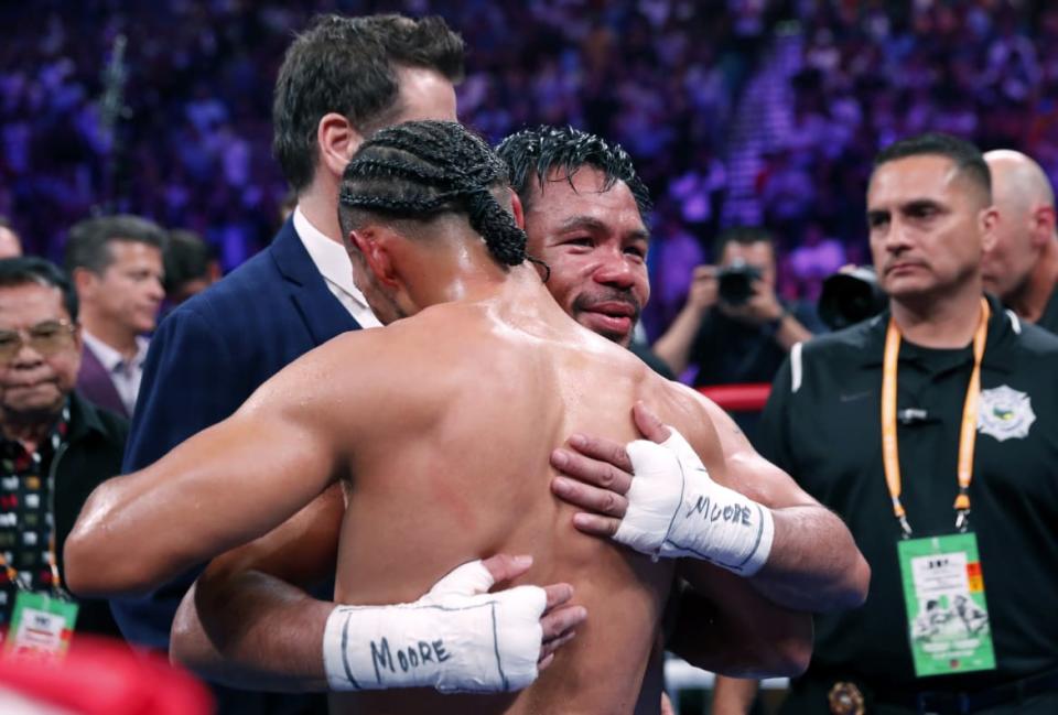 <div class="inline-image__caption"><p>Manny Pacquiao embraces Keith Thurman after beating Thurman in a WBA welterweight title fight at the MGM Grand Garden Arena on July 20, 2019, in Las Vegas, Nevada. </p></div> <div class="inline-image__credit">Steve Marcus/Getty</div>