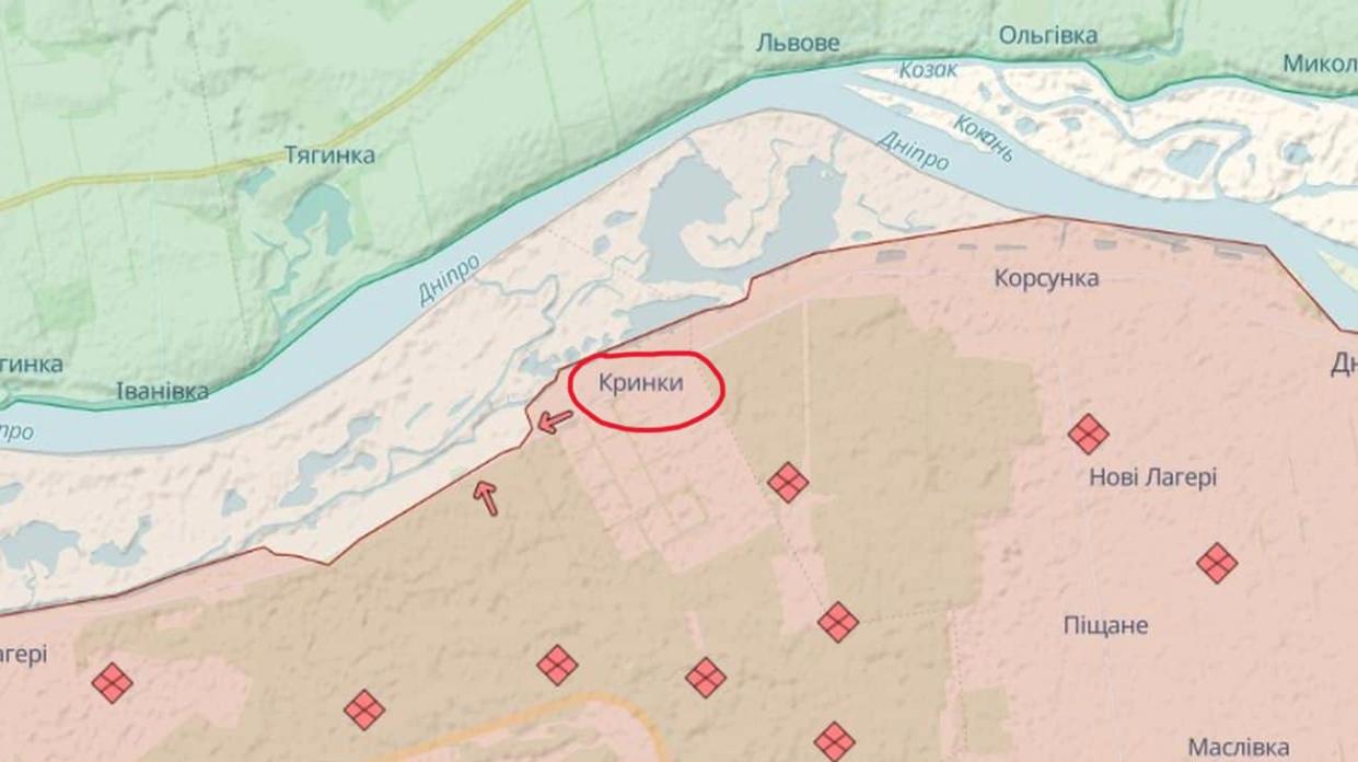 Village of Krynky, marked in red. Screenshot: DeepState Map