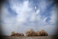 In this photo released on Saturday, Jan. 16, 2021, by the Iranian Revolutionary Guard, missiles are launched in a drill in Iran. Iran’s paramilitary Revolutionary Guard conducted a drill Saturday launching anti-warship ballistic missiles at a simulated target in the Indian Ocean, state television reported, amid heightened tensions over Tehran’s nuclear program and a U.S. pressure campaign against the Islamic Republic. (Iranian Revolutionary Guard/Sepahnews via AP)