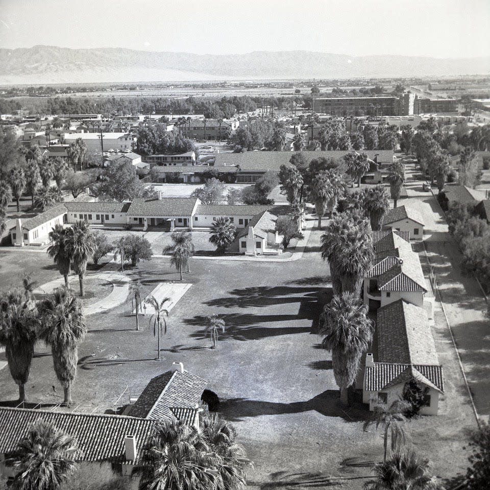 Expansive grounds of The Desert Inn with lodges, casitas and the main lobby and dining room in Palm Springs.