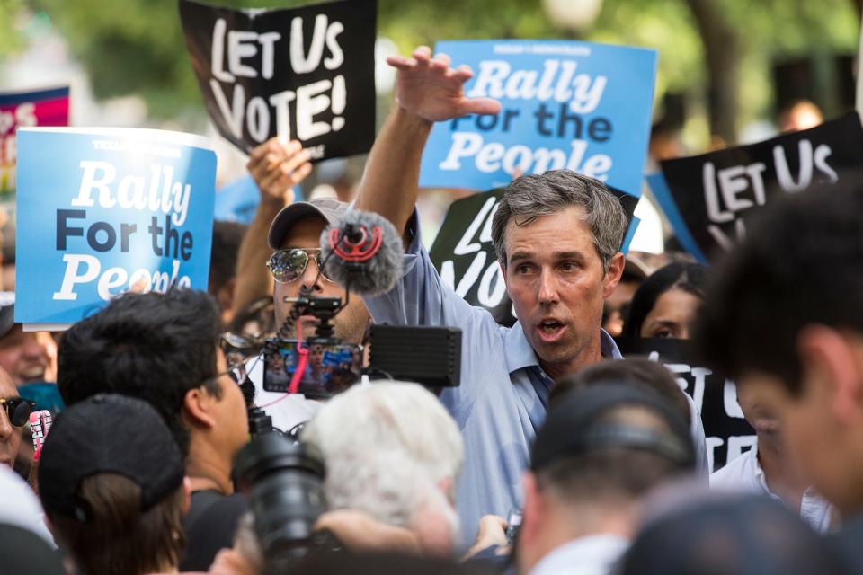 Beto O'Rourke speaks to the press following the voting rights rally “For the People: The Texas Drive For Democracy” at the Texas Capitol on Sunday, June 20, 2020.