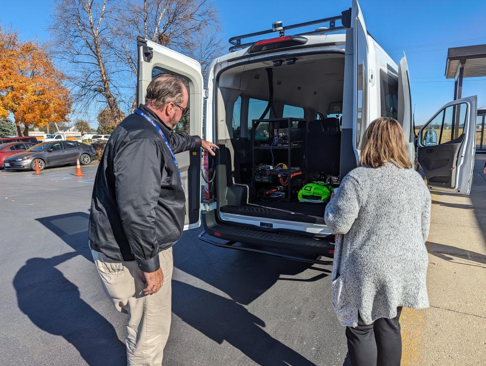 “The vehicle has LIDAR and it also has RADAR, and they work together,” said Ohio University engineering professor Wally Brown of the prototype driverless van brought to the Fremont Senior Center on Monday