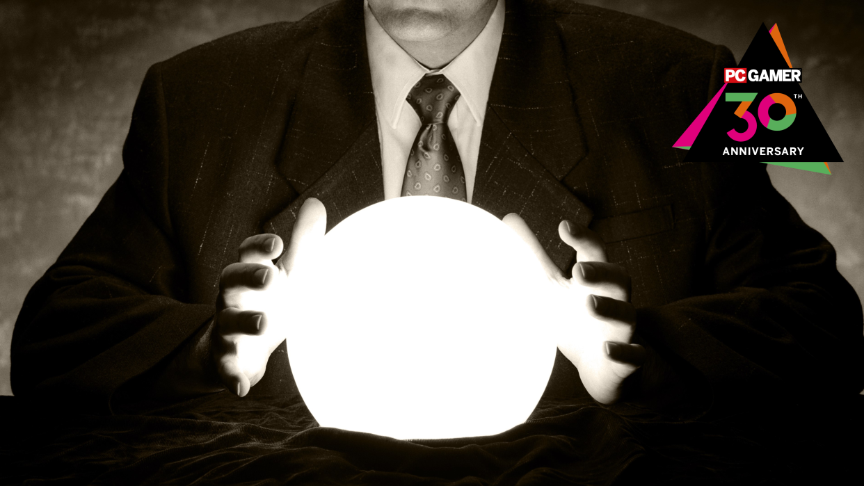  A man in a suit looking at a crystal ball. 