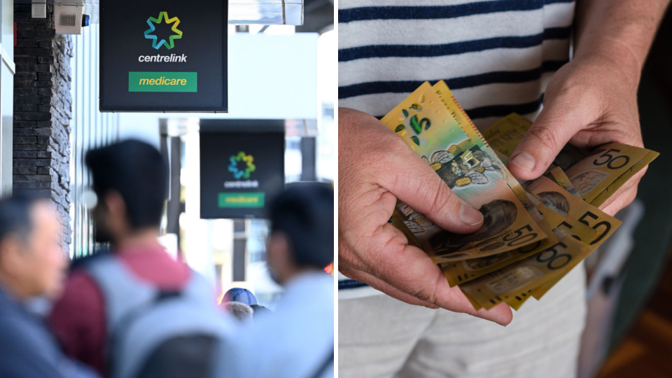 People queue outside Centrelink branch, hands hold Australian $50 notes. 