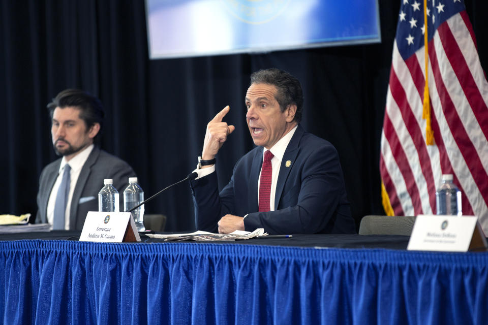 SYRACUSE, NY - APRIL 28:  New York State Governor Andrew Cuomo speaks during his daily Coronavirus press briefing at SUNY Upstate Medical University on April 28, 2020 in Syracuse, New York.  Cuomo detailed guidelines to reopening parts of New York State around May 15, 2020.  (Photo by Stefani Reynolds/Getty Images)