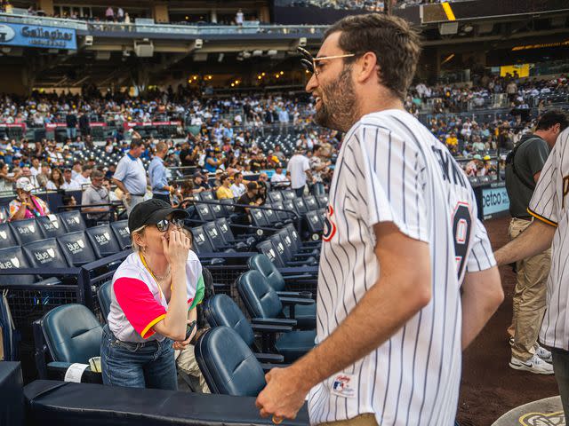 <p>Matt Thomas/San Diego Padres/Getty</p> Emma Stone and Dave McCary