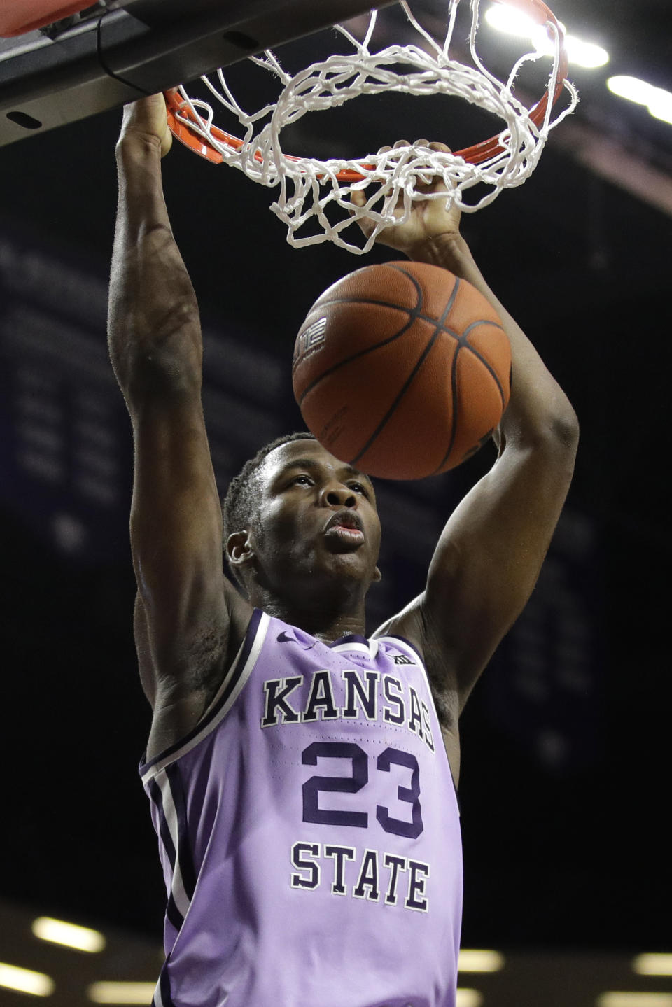 Kansas State's Montavious Murphy dunks the ball during the second half of an NCAA college basketball game against West Virginia Saturday, Jan. 18, 2020 in Lawrence, Kan. Kansas State won 84-68. (AP Photo/Charlie Riedel)