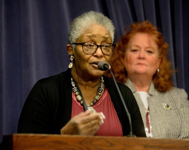 Judy Johnson of Springfield, who is a diabetic, speaks during a press conference at the state Capitol Tuesday. March 28. 2023, about limiting the price of insulin.