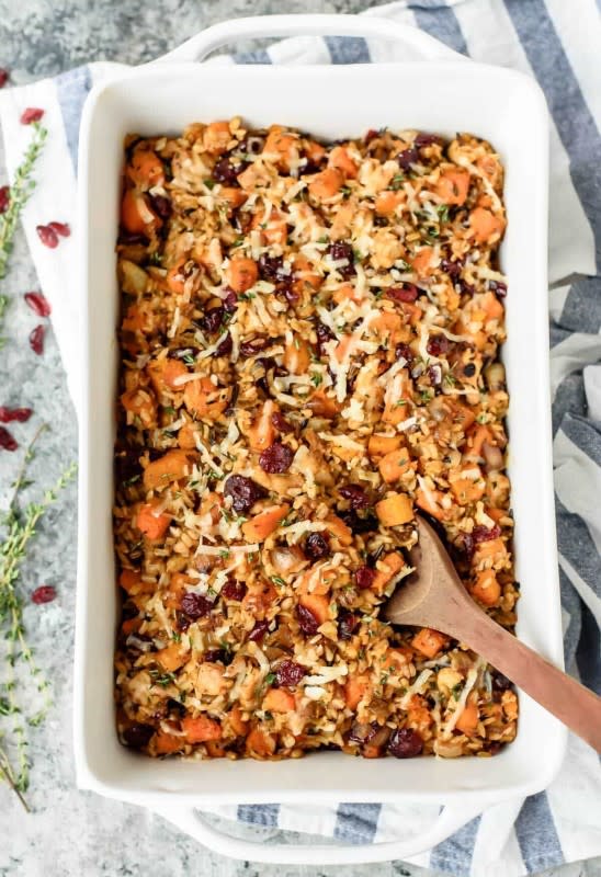 <p>A cozy and filling chicken and wild rice casserole made with butternut squash and cranberries. This easy and healthy chicken dinner is a winner every time!</p><p><strong>Get the recipe: <a href="https://www.wellplated.com/chicken-and-wild-rice-casserole/" rel="nofollow noopener" target="_blank" data-ylk="slk:Chicken and Wild Rice Casserole with Butternut Squash;elm:context_link;itc:0;sec:content-canvas" class="link rapid-noclick-resp">Chicken and Wild Rice Casserole with Butternut Squash</a></strong></p>