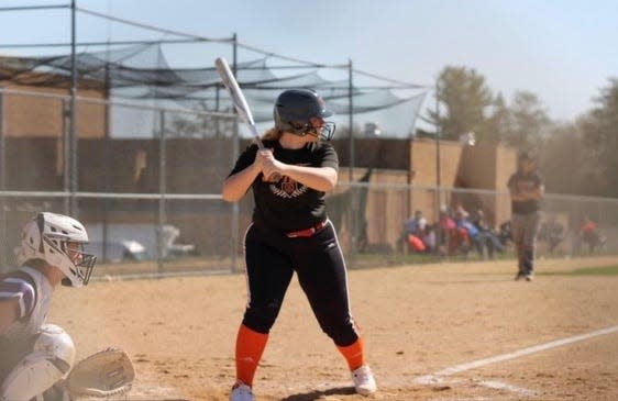 Freeport sophomore Quinn Krzeminski stands in the batter's box during a recent softball game. Krzeminski has started every game for the Pretzels, and was hitting .605 as of Monday, April 29, 2024.
