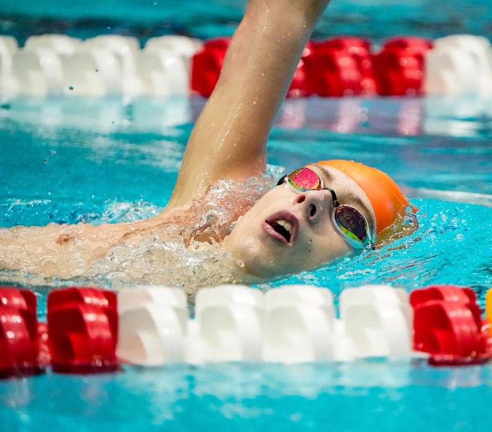 Matthew Klinge from Harrison High School swims in the 87th Annual Boys Swimming and Diving State Finals on Saturday, Feb. 24, 2024, at the IU Natatorium in Indianapolis.