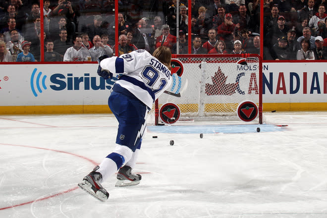 OTTAWA, ON - JANUARY 28: Steven Stamkos #91 of the Tampa Bay Lightning and team Alfredsson takes a shot during the Canadian Tire NHL Accuracy Shooting part of the 2012 Molson Canadian NHL All-Star Skills Competition at Scotiabank Place on January 28, 2012 in Ottawa, Ontario, Canada. (Photo by Bruce Bennett/Getty Images)