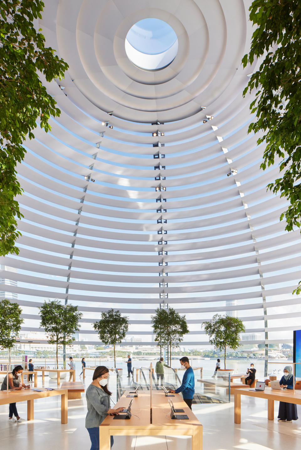 An oculus at the apex of the dome provides a flooding ray of light, with custom sunshade rings lining the interior glass. (PHOTO: Apple)