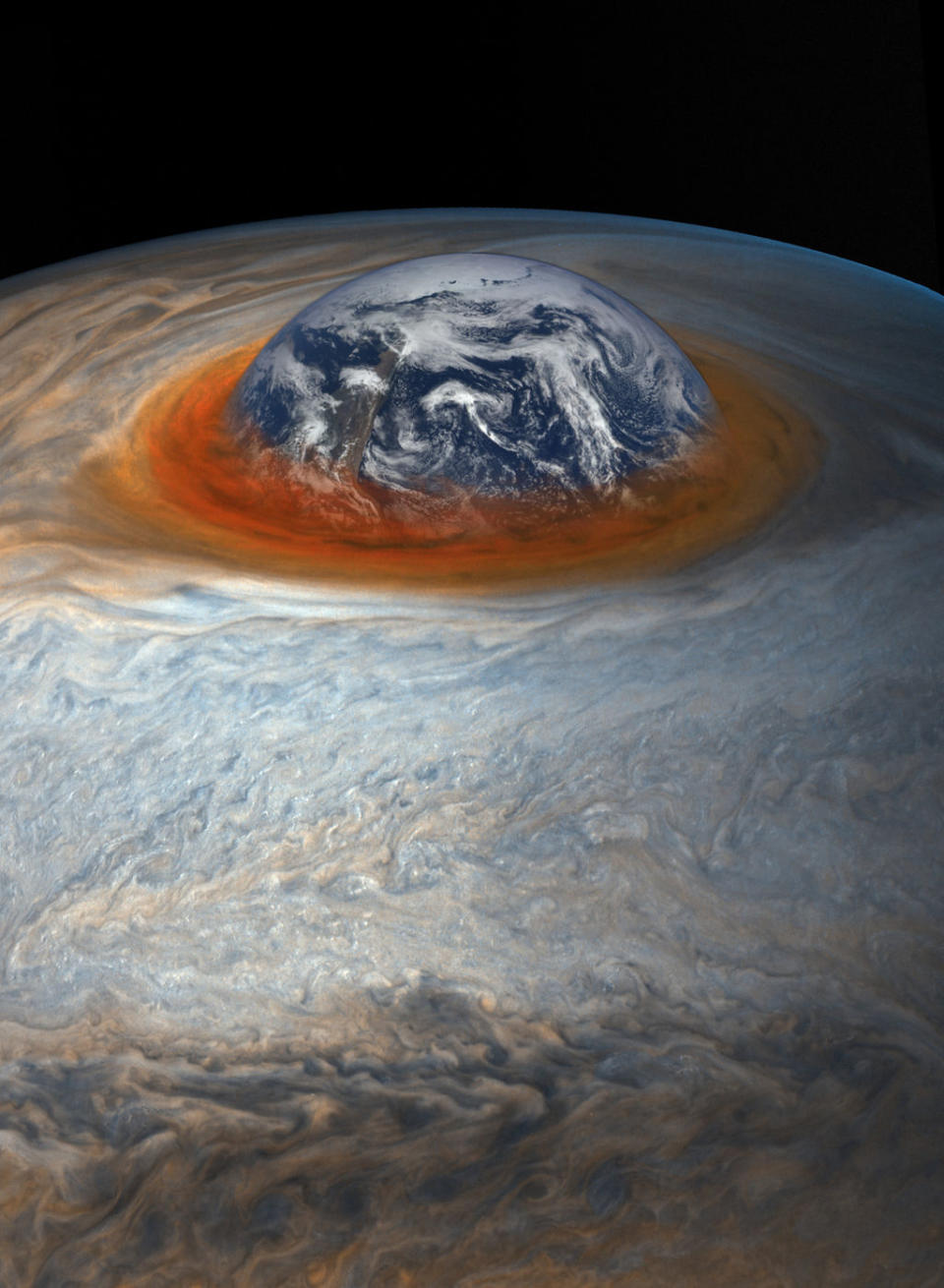 An illustration comparing the size of Jupiter's Great Red Spot to that of Earth. While the reddish-hued storm is massive, it was once much larger. According to observations taken in the 1800s, the Great Red Spot was once about four times the diameter of Earth. <cite>NASA/SwRI/MSSS/Gerald Eichstädt/Seán Doran/<a href="https://www.flickr.com/photos/136797589@N04/35532950750/" rel="nofollow noopener" target="_blank" data-ylk="slk:Flickr;elm:context_link;itc:0;sec:content-canvas" class="link ">Flickr</a> (<a href="https://creativecommons.org/licenses/by-nc-nd/2.0/" rel="nofollow noopener" target="_blank" data-ylk="slk:CC BY-NC-ND 2.0;elm:context_link;itc:0;sec:content-canvas" class="link ">CC BY-NC-ND 2.0</a>)</cite>