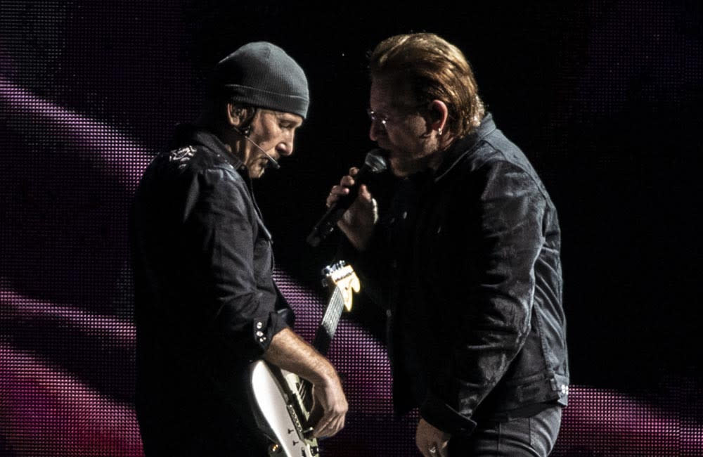 U2 stars Bono and The Edge played a makeshift bomb shelter in Kyiv credit:Bang Showbiz