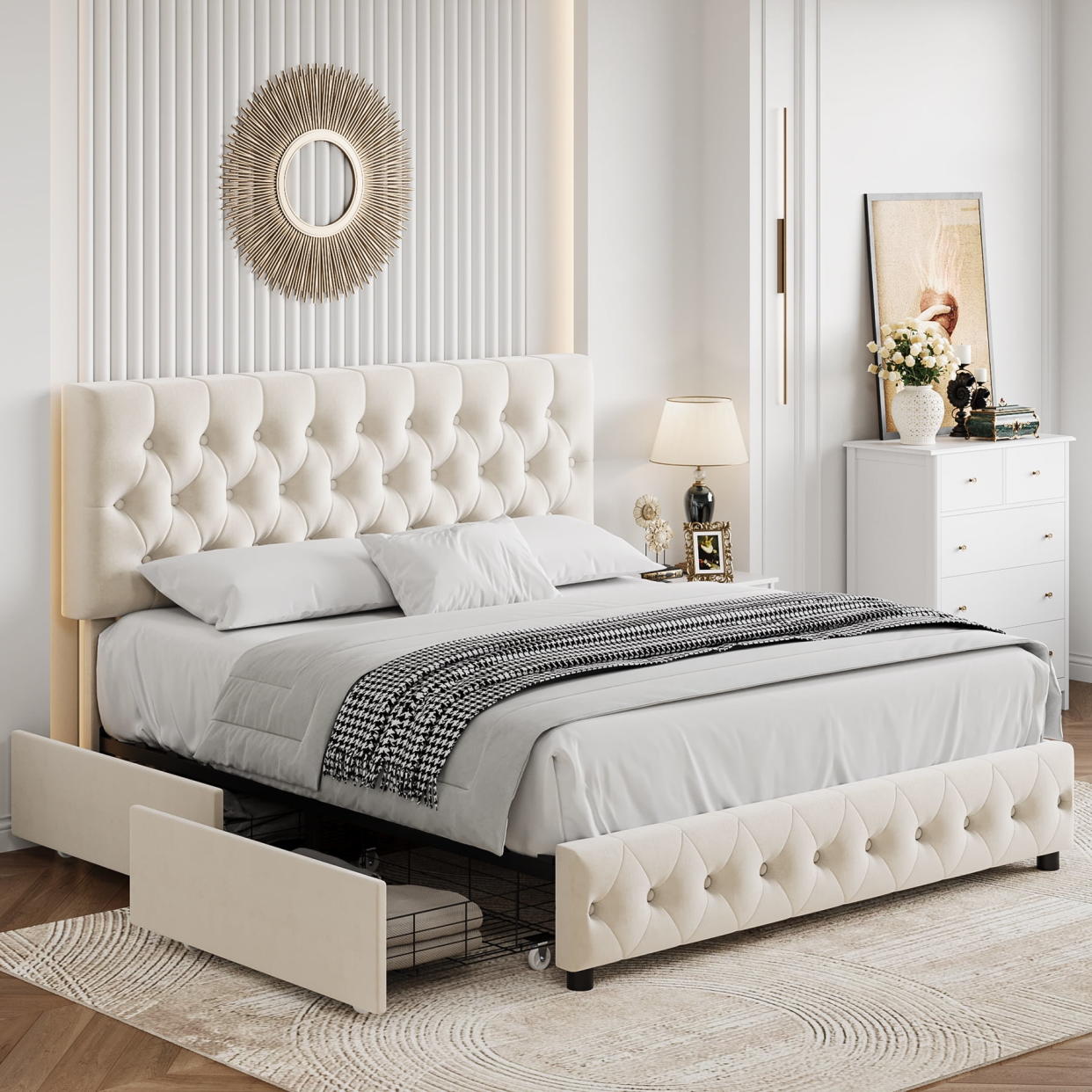 <p><a href="https://go.redirectingat.com?id=74968X1596630&url=https%3A%2F%2Fwww.walmart.com%2Fip%2FHomfa-Queen-Size-Storage-Bed-Velvet-Platform-Bed-Frame-with-4-Drawers-Upholstered-with-Adjustable-Headboard-Off-White%2F1709658880&sref=https%3A%2F%2Fwww.goodhousekeeping.com%2Fhome-products%2Fg45209823%2Fbest-cheap-bed-frames%2F" rel="nofollow noopener" target="_blank" data-ylk="slk:Shop Now;elm:context_link;itc:0;sec:content-canvas" class="link rapid-noclick-resp">Shop Now</a></p><p>Velvet Platform Bed Frame With Drawers</p><p>walmart.com</p><p>$257.99</p>